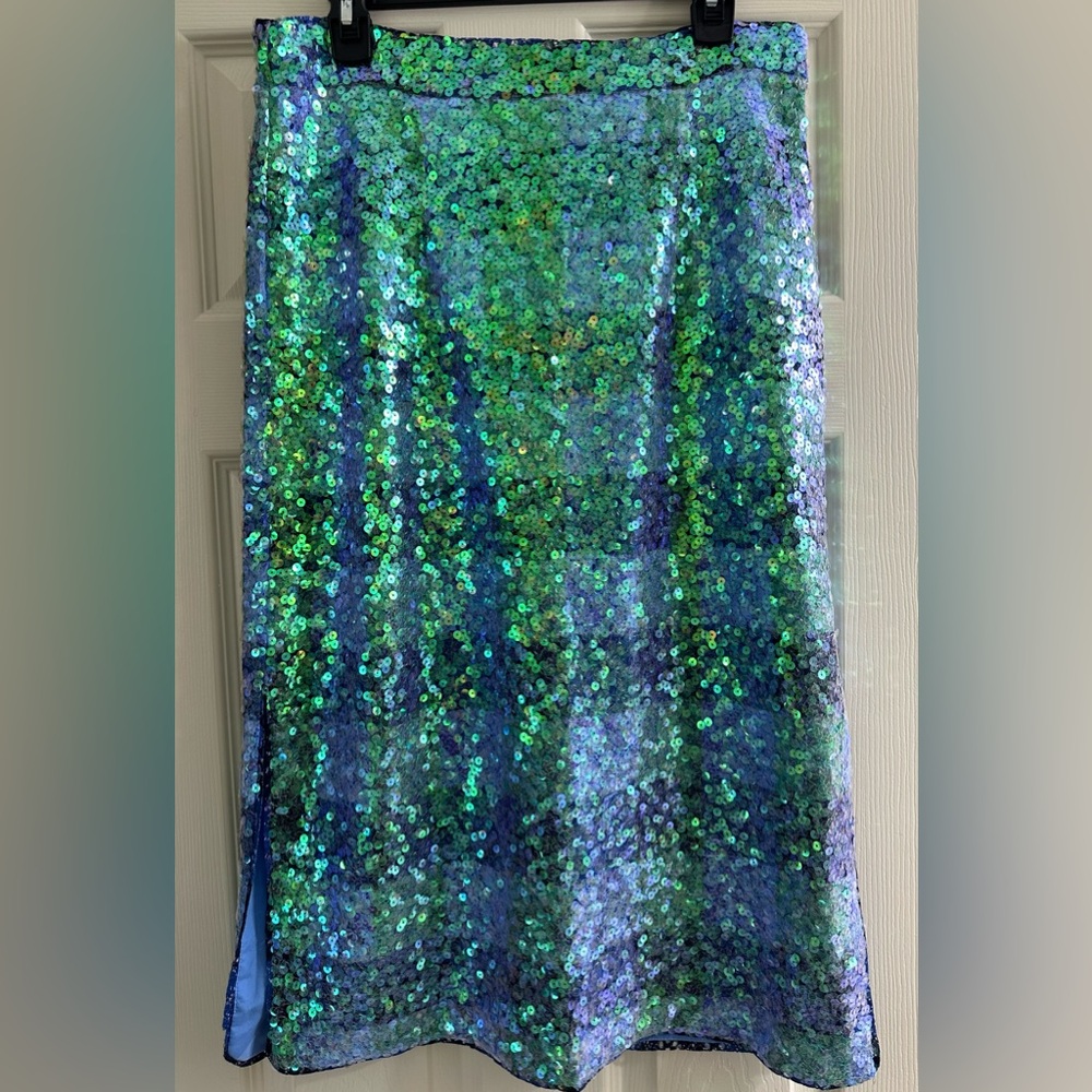 Anthropologie Maeve Brix Sequined Palette Straight Pencil Side Slit Skirt US 10